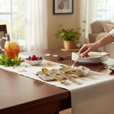 Home Sajawat gold and silver leaf motif serving utensil set with tray. Includes spoons, fork, and tongs.