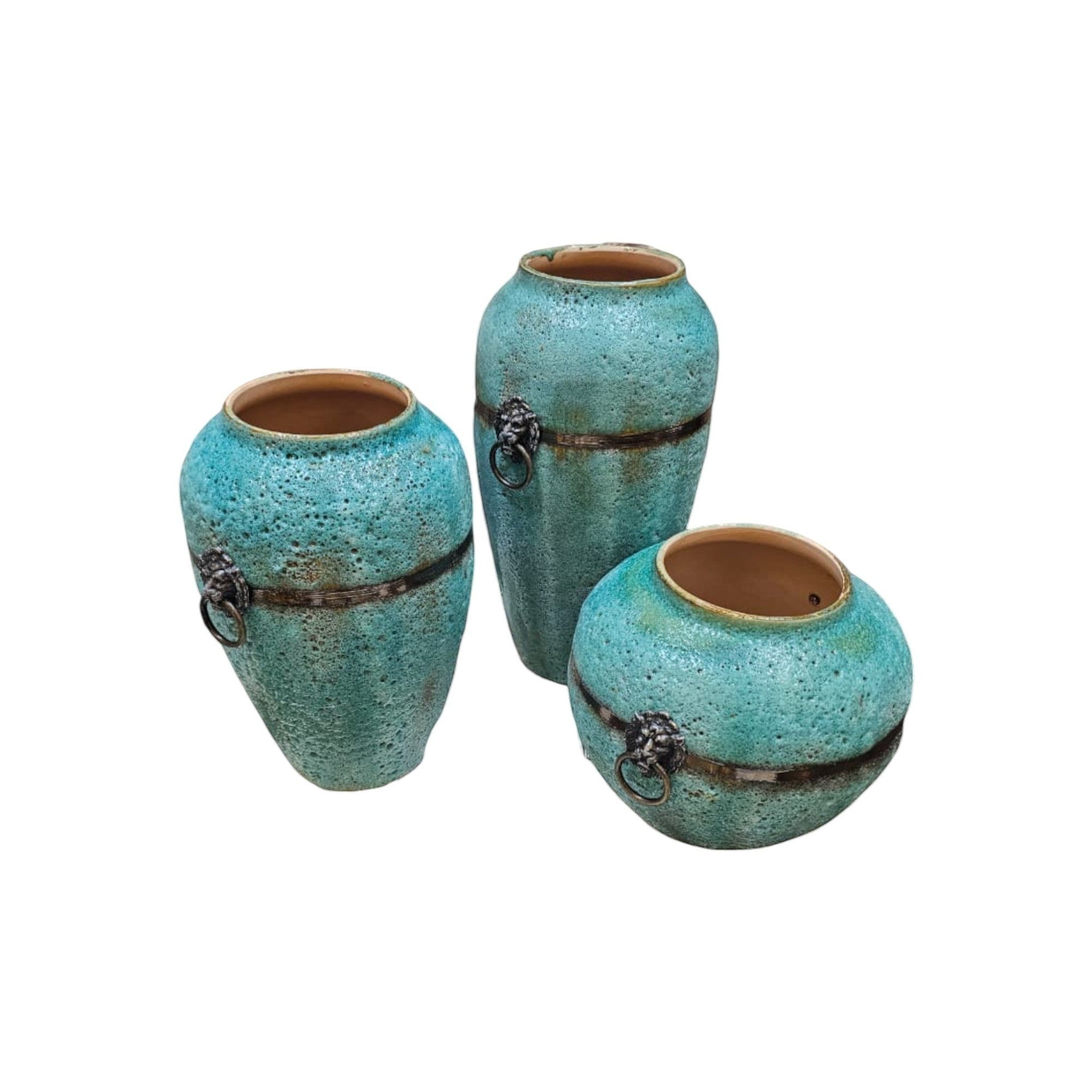 Home Sajawat set of 3 turquoise textured ceramic vases with lion ring accents and antiqued metal bands.