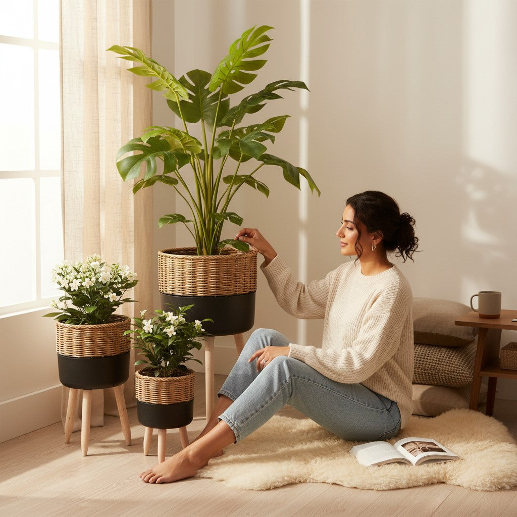 Home Sajawat set of three woven rattan planters with matte black lower half and light wood legs. Varying heights.